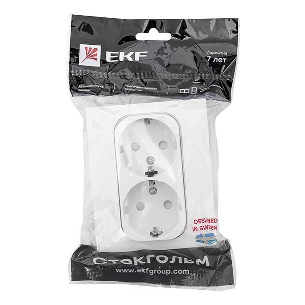 Стокгольм Розетка 2-местная с/з 16А автоматические клеммы белая с защ. штор. EKF PROxima