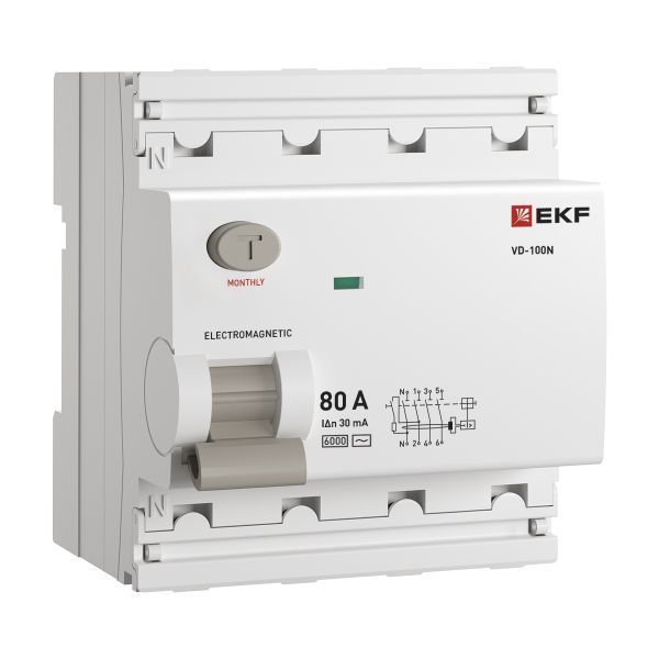 Выключатель дифференциального тока ВД-100N 4P 80А 30мА AC эл-мех 6кА PROXIMA EKF