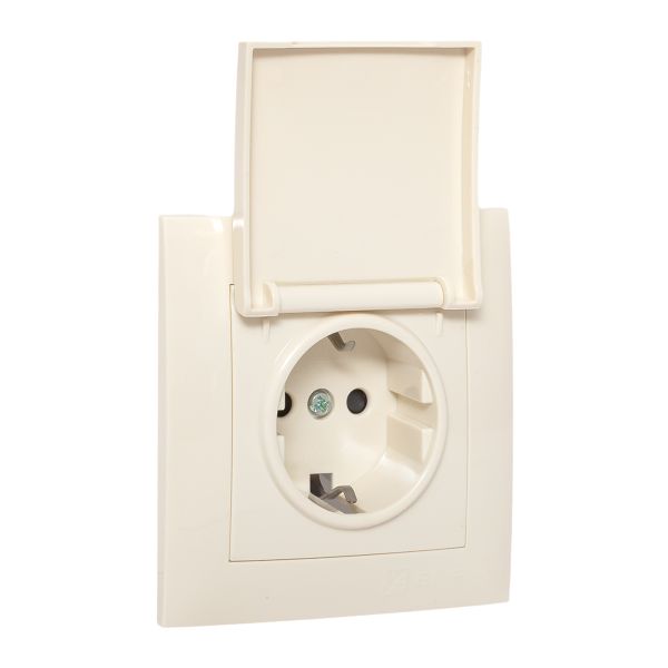 Валенсия розетка 1-местная с/з 16А кремовая с крышкой и защ. штор. EKF