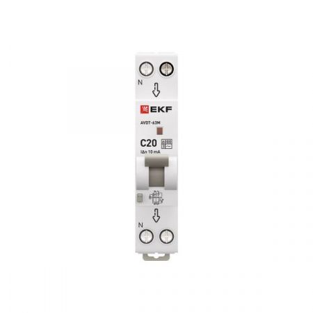 Автоматический выключатель дифференциального тока АВДТ-63М 1P+N 18мм 20А характеристика С 10мА тип AС электронный 6кА PROXIMA EKF