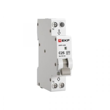Автоматический выключатель дифференциального тока АВДТ-63М 1P+N 18мм 25А характеристика С 30мА тип AС электронный 6кА PROXIMA EKF