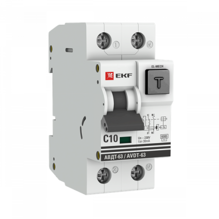 Автоматический выключатель дифференциального тока АВДТ-63 1P+N 10А характеристика C 30мА тип AС электромеханический 6кА EKF PROXIMA