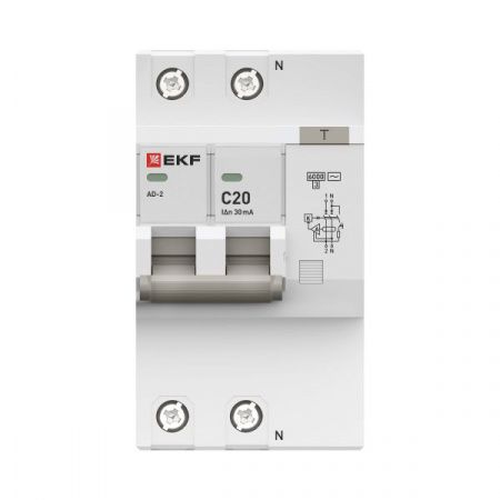 Автоматический выключатель дифференциального тока АД-2 2Р 20А характеристика C 30мА тип АС электронный 6кА PROXIMA EKF
