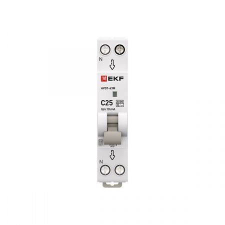 Автоматический выключатель дифференциального тока АВДТ-63М 1P+N 18мм 25А характеристика С 10мА тип AС электронный 6кА PROXIMA EKF