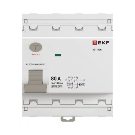 Выключатель дифференциального тока ВД-100N 4P 80А 100мА тип AC эл-мех 6кА PROXIMA EKF